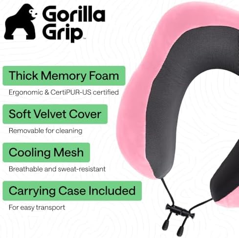 GORILLA GRIP Travel Neck Pillow for Airplanes, Travel Essentials, Pink