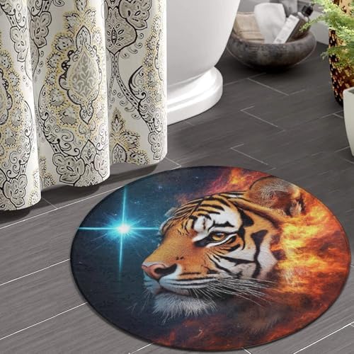 Highly Premium Quality Floor Mat, Office Chair Decor Mat, Room Sofa Yoga Soft Round Carpet Space Fire Flame Animal King Wild Angry Tiger, 36inch