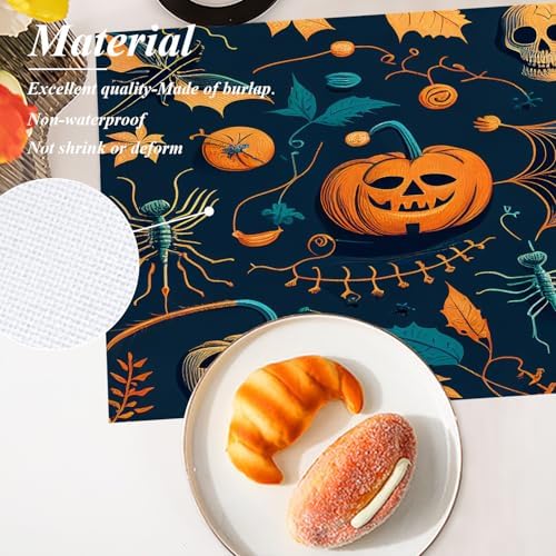 Shrahala Halloween Angry Face Pumpkins Set Of 4 12 X 18 Inch Linen Placemats , Skeletons Spiders Burlap Table Mat Washable Double Layered Heat Insulation For Indoor/Outdoor