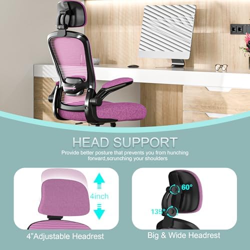 Mimoglad Office Chair, High Back Ergonomic Desk Chair with Adjustable Lumbar Support and Headrest, with flip-up Armrests for Guitar Playing, 5 Years Warranty (Modern, Orchid(Black Frame))
