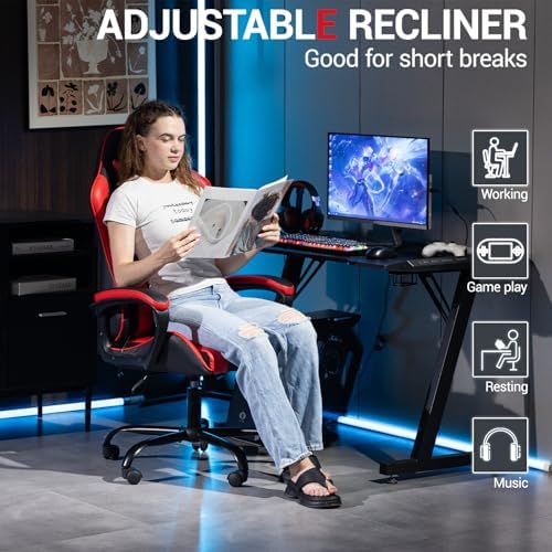 Ergonomic Massage Gaming Chair for Kids Adults, Comfy PU Leather Office Desk Chair with Adjustable Headrest Lumbar Support 360° Swivel, Red