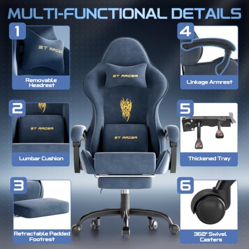 Ferghana Ergonomic Velvet Fabric Gaming Chair with Embroidery Fire, Massage Lumbar Support & Retractable Footrest, Reclining Racing Computer Office Desk Chair for Adults, Grey