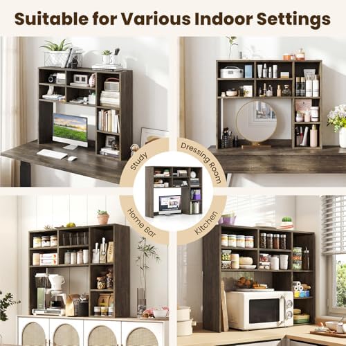 Giantex Desktop Bookshelf, Desk Hutch Dorm w/ 7 Cubes & 3 Adjustable Shelves, Desk Shelf for Up to 27" Computer Monitors, Wooden Desktop Storage Organizer for Dorm College Office Home (Grey Oak)