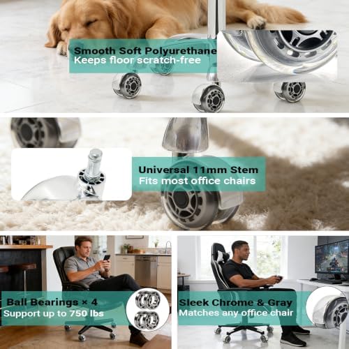 Clear Gray Office Chair Wheels, 3 inch Dual Roller Wheels for Office Chair Set of 5, Quiet & Smooth Office Chair Casters for Carpet, Hardwood Floors, Universal Fit 11x22mm