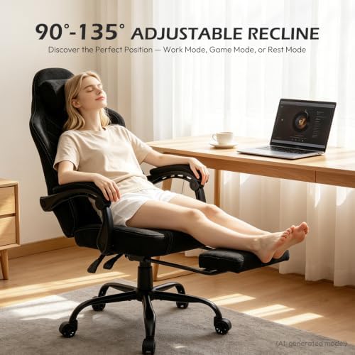 Ergonomic Gaming Chair for Adults - Comfortable Office Computer Chair with 20.5” Wide Seat, Adjustable Video Game Chair with Footrest and Lumbar Support for Home Office, Black