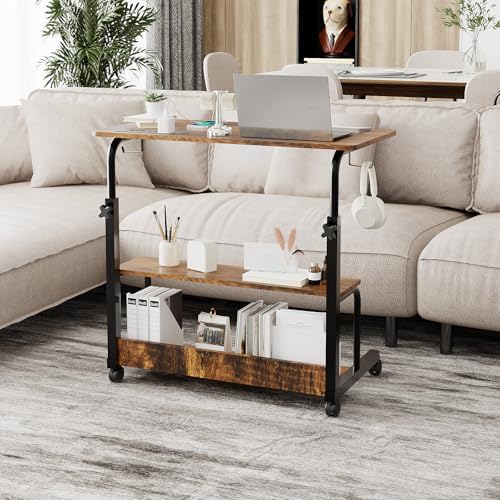 FCH 31.5" Mobile Small Standing Desk, Adjustable Height Mobile Computer Desk, w/2 AC Outlets + 3 USB Ports & Hooks, Storage Shelves, Suitable for Gaming, Studying, Home Office, Vintage Brown