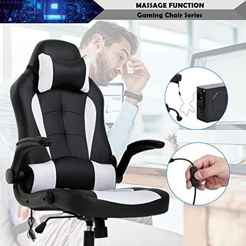 Massage Gaming Chair, PU Leather Gaming Chairs for Adults, Comfy Office Chair Ergonomic Desk Chair Computer Chair with Flip Up Arms, Swivel Reclining Gamer Chair, Height & Backrest Adjustable, White