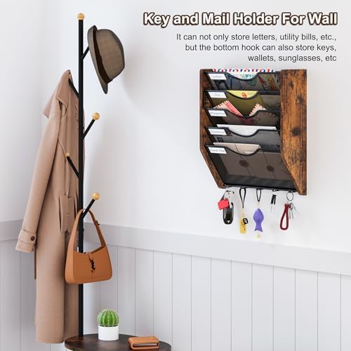 Wall File Organizer With Hooks, 5 Tier Mesh Mail Organizer Wall Mounted,Hanging File Organizer,Magazine Holder for Documents,Magazine,Literature,File,Mails,Envelopes