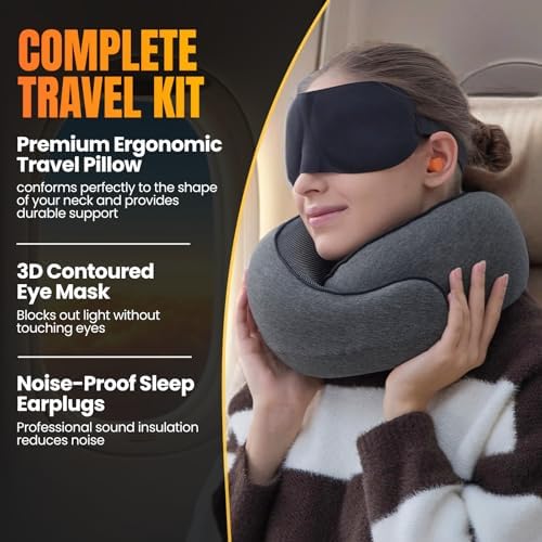 LOEXAIR™ Travel Pillow, Neck Pillow Travel for Airplane, Car - 100% Cotton Fabric & Memory Foam Plane Pillow, Lightweight & Easy-to-Carry on Flight, Full Travel Set (Eye Mask, Earplugs) - Dark Grey