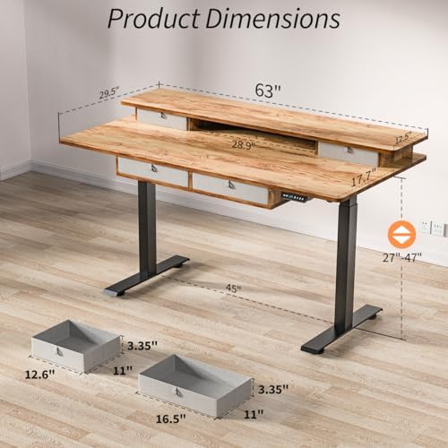 Kingant Electric Standing Desk with 4 Drawers, Height Adjustable 63"x 30"