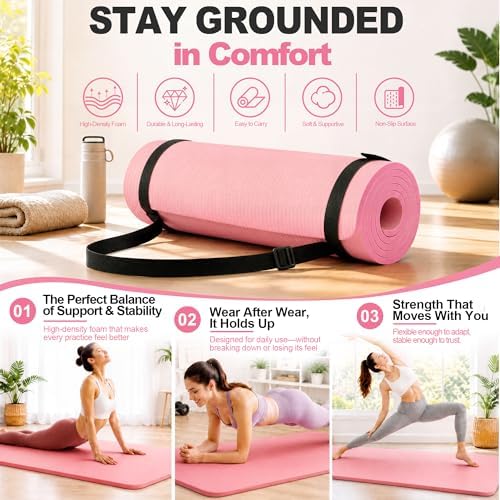 HULKFIT High Density Non Slip Yoga Mat, Extra Thick Exercise Mat with Carrying Strap, for Pilates, Fitness, Home Gym & Floor Workouts - Multiple Thickness & Multiple Color