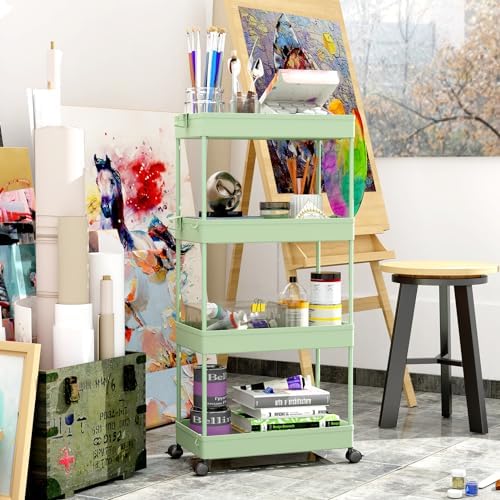 SPACELEAD 4 Tier Rolling Cart with Wheels, Storage Craft Art Trolley Organizer Serving, 3 Hanging Baskets Easy Assembly, for Office, Living Room, Kitchen