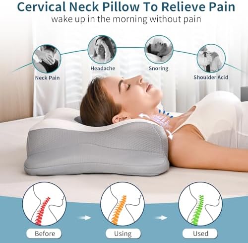 Cervical Neck Pillow for Pain Relief, Contour Memory Foam Pillows for Sleeping, Ergonomic Pillow Orthopedic Cooling Pillow Bed Pillow Neck Support for Side Back Stomach Sleepers (Lighr Grey)