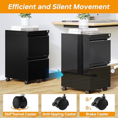 2 Drawer File Cabinet On Wheels Mobile Cabinet with Lock Under Desk Metal Filing Cabinet On Rollers Small Rolling File Cabinet Black Printer Stand for Home Office Fully Assembled