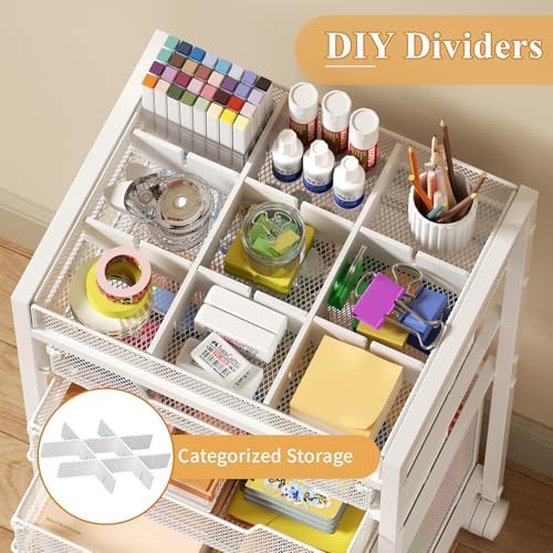 Rolling File Cart with 4 Storage Drawers, Under Desk Filing Cabinet with DIY Divider, Hanging File Folder Organizer on Wheels, Fits A4/Letter Size, Metal Utility Cart for Home Office, White