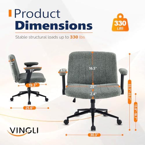 VINGLI Criss Cross Chair with Adjustable Flip-Up Arms,Cross Legged Chair with Wheels, Extra Wide Office Chair,Cozy Desk Chair for Home Office, Vanity, Apartment,Chenille Velvet,Dark Green