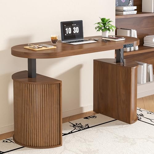 Mid Century Modern Electric Standing Desk with Storage, 55 x 22 Inch Small Sit Stand Up Desk, Wood Adjustable Height Computer Executive Desk for Home Office, Laptop, Walnut