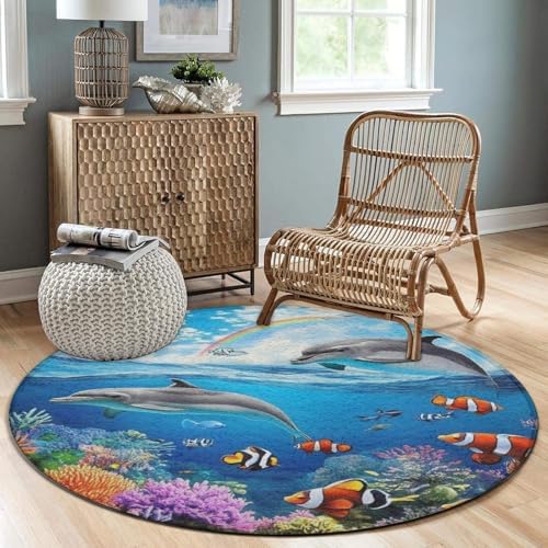Machine Washable Modern Round Area Rug, Room Sofa Yoga Soft Round Carpet, Home Decor Non Slip Kitchen Office Circle Rug Blue Ocean Underwater World Dolphin Art, 36inch
