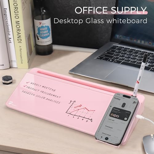 TOWON Glass Desk Whiteboard 17x6 in, Wireless Charger and Storage, Pink