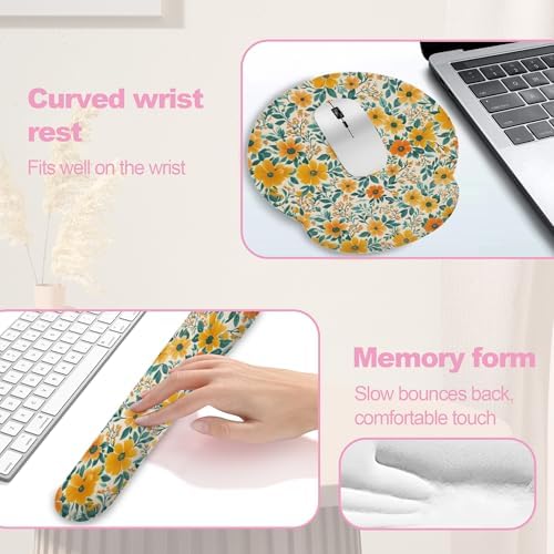 Wildflowers Spring Flowers Plants Mouse Pad with Wrist Rest and Keyboard Wrist Rest Set, Non-Slip Rubber Base Memory Foam Mouse Pad Set for Women, Office Desk Accessories, Gaming