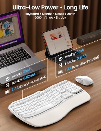 White Ergonomic Wireless Keyboard and Mouse Combo, 2.4G Full Size Ergo Wave Key Board with Cushioned Plam Rest, Natural Typing, 3 DPI Adjustable Silent Mouse for Computer/Laptop/Windows/Mac - Sablute