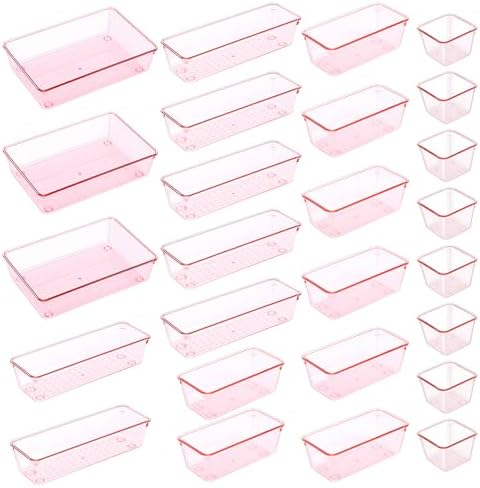 25pcs Pink Plastic Drawer Organizer Set, Clear Stackable Drawer Organizer,Kitchen Drawers Dividers for Bathroom, Office, Kitchen Cabinets and Dressing Tables