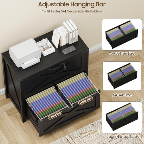 Halitaa Farmhouse Lateral File Cabinet with 2 Drawers, Rustic Black