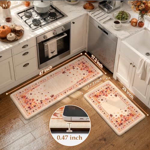 KIMODE Fall Kitchen Mats Cushioned Anti Fatigue 17"x47"+17"x29", Beige Kitchen Mats for Floor, Padded Kitchen Floor Mats Non Slip, Autumn Maple Leaves Standing Mat for Laundry Office Sink Desk