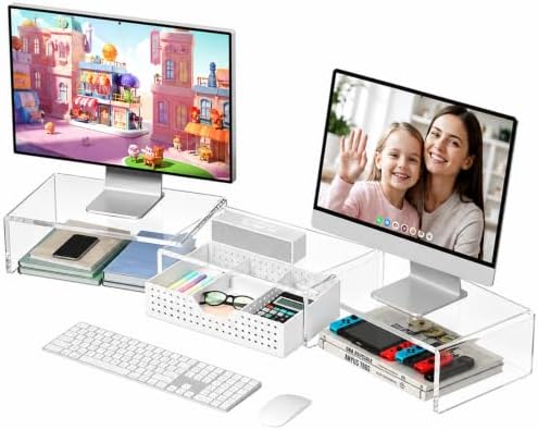 OPNICE Clear Acrylic Desk Organizers and Accessories, Dual Monitor Stand Riser with Drawer and 2 Pen Holders, Desk Shelf Printer Stand for Office Workspace Organizers, Desktop Organization (Transparent)