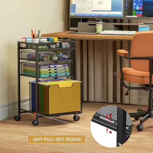 Rolling File Cart with 3 Storage Drawers, Under Desk Filing Cabinet with DIY Divider, Hanging File Folder Organizer on Wheels, Fits A4/Letter Size, Metal Utility Cart for Home Office, Black