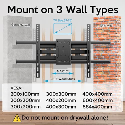 Full Motion TV Wall Mount Bracket Dual Articulating Arms Swivels Tilts Rotation for Most 37-75 Inch Flat Curved TVs,Holds up to 110lbs, Max VESA 600x400mm,Fits up to 16" Studs