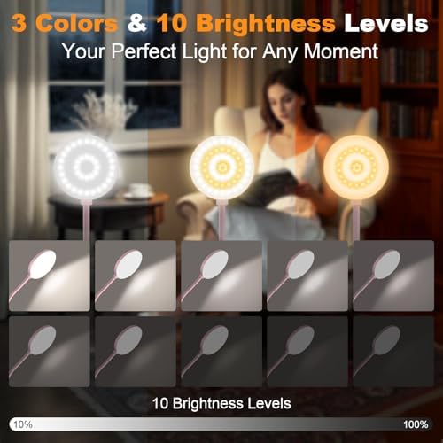 Rechargeable Clip on Bed Lamp, Cute LED Reading Lamp for Girls Dorm Room, Portable Book Light with Clamp on Bunk Bed Headboard, Bedside Table, Flexible Lamp with 3 Color & 10 Brightness (Pink/ 3.5'')