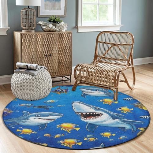 Highly Premium Quality Floor Mat, Office Chair Decor Mat, Room Sofa Yoga Soft Round Carpet Ocean Sea Shark Fish, 36inch