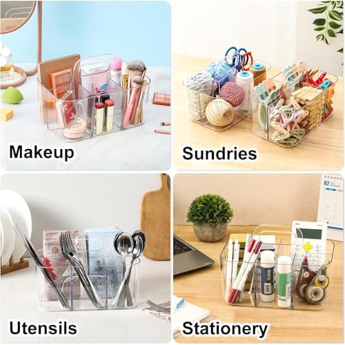 AOZITA Multiuse Caddy Organizer with Handle, Portable Divided Tote Bin - Art Craft, Stationary Pen Marker Crayons, Makeup Hair Supplies Storage - Bathroom, Classroom, Dorm, Office, Desk Holder -Clear