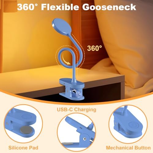 Cordless Clip on Reading Light, Rechargeable LED Book Lamp for Kids, Flexible and Dimmable Clamp Light with 3 Color Modes & 10 Brightness for Students Dorm Room Desk Bunk Bed Headboard (Blue/3.5'')