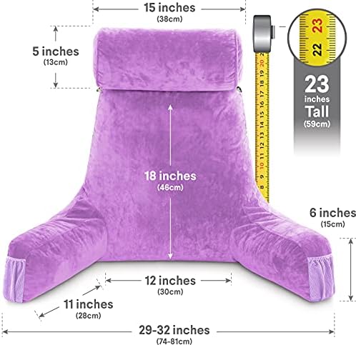 Husband Pillow Medium Reading Pillow with Arms - 23" Backrest for Sitting Up in Bed - Firm Support Bed Rest Pillow for Adults, Neck Roll, Removable Cover - TV, Reading, Lounging - Light Purple