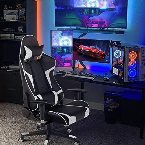 GYMAX Gaming Chair, Massage Gaming Chairs for Adults with Headrest, Lumbar Support & Armrest, Video Computer Reclining Gaming Chair, Office Desk Gamer Task Chair (White)