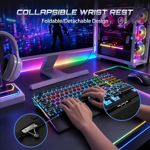 RK ROYAL KLUDGE S108 Typewriter Mechanical Keyboard, Wired Gaming Keyboard with Number Pad, Full Size Retro Keyboards w/Detachable Wrist Rest for Mac/Win/PC, Clicky Blue Switch, Rainbow Backlit Black