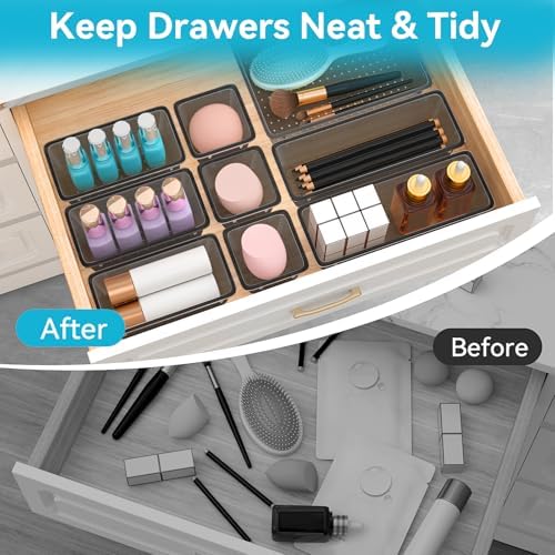 12 PCS Drawer Organizer Set, Makeup Organizers, Tool Storage Trays, Black