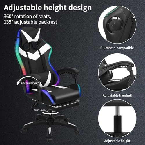 Gaming Chair with 2 Bluetooth Speakers & Lights, Ergonomic High-Back Office Chair with Headrest & 135° Recline, 360° Swivel Height Adjustable Faux Leather Computer Chair for Gaming, Office & Study