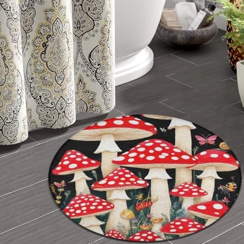 Soft Round Yoga Carpet, Large Home Decor Mat, Non Slip Machine Washable Kitchen Office Circle Rug Wild Mushrooms