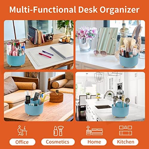 Desk Pencil Pen Holder, 5 Slots 360°Degree Rotating Organizers for, Desktop Storage Stationery Supplies Organizer, Cute Cup Pot Office, School, Home, Art Supply, Blue