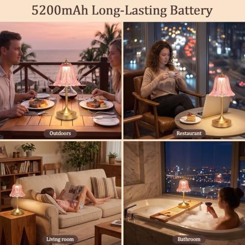 Cordless Table Lamp, Rechargeable Pink Glass Tulip Flower Touch Lamp