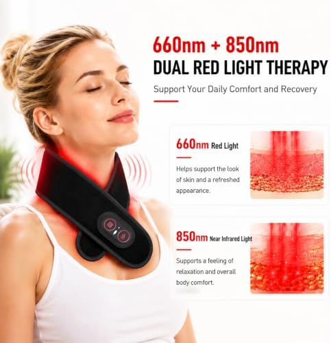 Neck Heating Pad for Pain Relief, Cordless Vibrating Neck Massager with 660nm 850nm Red Light, 3000mAh Battery 3 Heat Levels, Heated Neck Brace Wrap up to 33 Inches for Soreness Stiffness