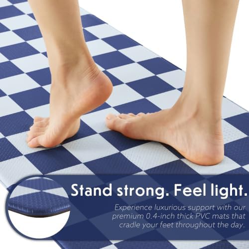 Ohocut Navy Blue Checkered Kitchen Mats for Floor Set of 2, 2 Pcs Cushioned Non Slip Runner Rugs for Kitchen/Sink/Laundry, Comfort Aesthetic Cute Anti-Fatigue Foam Floor Mat 17.3"x29.5"+17.3"x47.2"
