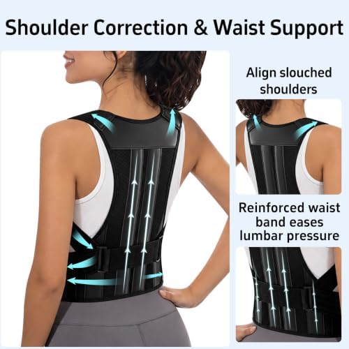 Posture Corrector for Women and Men Full Back Support Brace Adjustable Breathable Full Back Shoulder Straightener for Scoliosis， Hunchback, Lower Back Pain Relief Upright Posture Corrector Belt for Under Clothes (Black, X-Large)