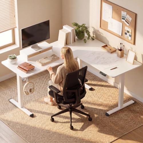 Furmax 63 x 55 Inch L Shaped Standing Desk with 2 Preset Heights, Electric Height Adjustable Computer Table, 2 Hooks & Feet Balance, Corner Sit Stand Desk for Home Office (White, 63 x 55 Inch)