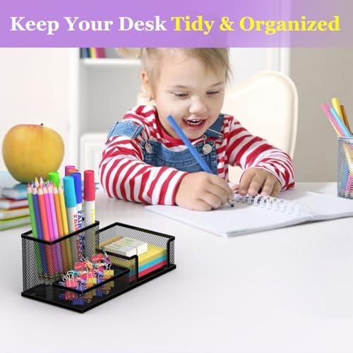 SUPEASY Pen Holder Desk Organizer, 2Pack Office Supplies Pencil Holder with 3 Compartments, Desk Accessories and Workspace Organizers for Home School Classroom, Black