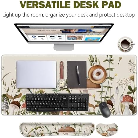 AIMSA Large Gaming Mouse Pad Set, Keyboard Wrist Rest Support+ Extended Mousepad+ Mouse Wrist Cushion+Coaster, Ergonomic Multifunctional Desk Mat 35x15.7in, Mushroom Plant Garden