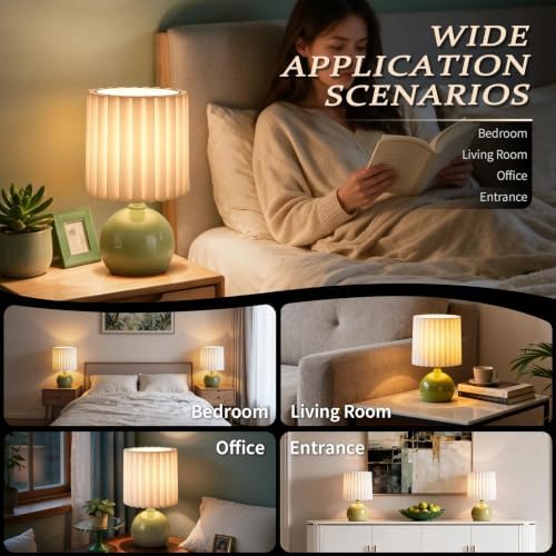Ziqqeelam Green Small Table Lamp with Scalloped Linen Shade, Mini Green Table Lamp for Bedroom Nightstand, Cute Desk Night Light for Living Room, Bookshelf, Kitchen Counter, Kids Room, Office